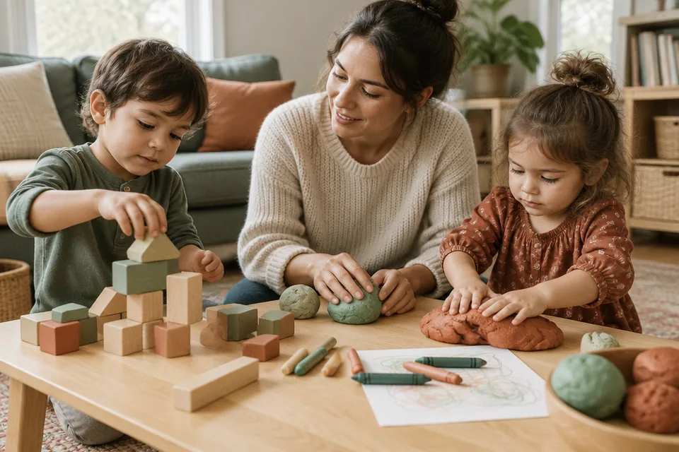 Three inviting preschool materials on a low oak play table: oversized wooden blocks, thick washable crayons and generous balls of play dough.