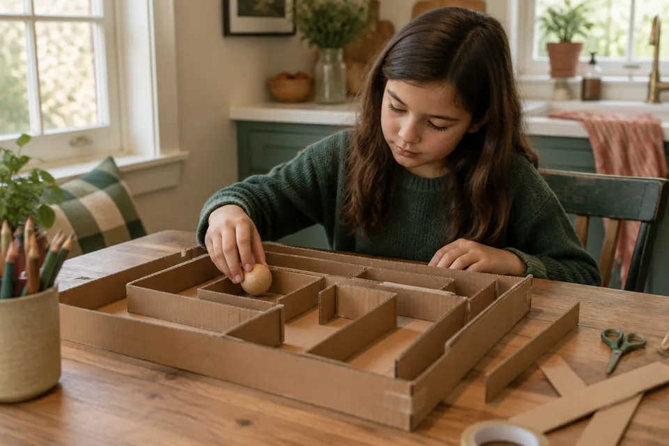 A school-age child quietly constructing a cardboard marble-free maze using wide cardboard strips and one large wooden ball, simple craft project on a kitchen table.