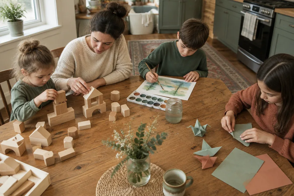 Overhead-to-oblique view of a mother and three children aged four, seven and ten around an oak dining table, each deeply absorbed in a different screen-free activity: large wooden blocks, watercolor painting and folding paper.