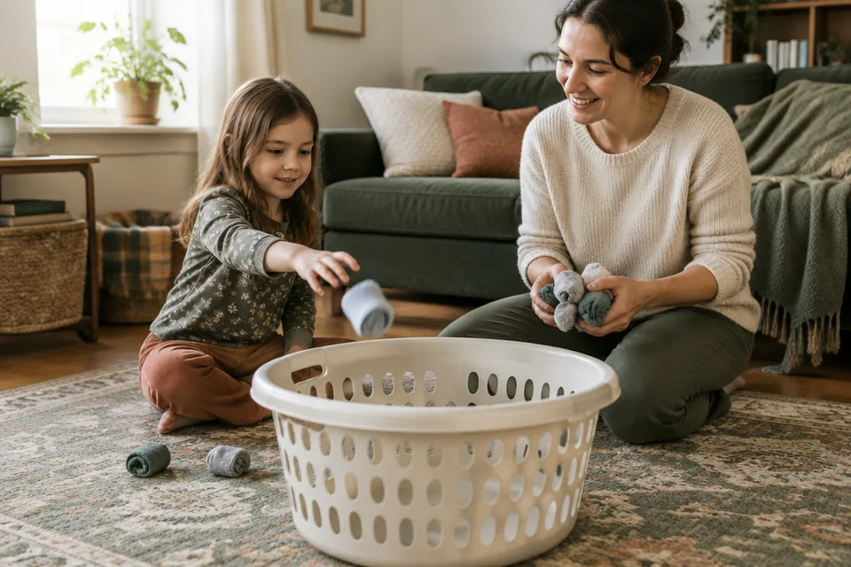 Parent and a school-age child tossing soft rolled-up socks into a broad empty laundry basket on a clear rug.