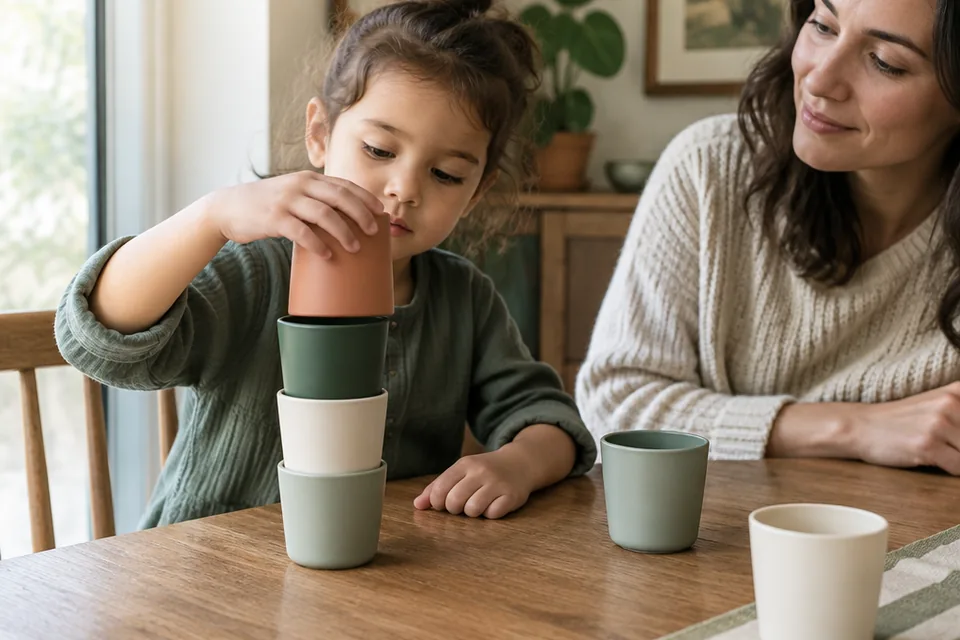 Close-up still life of plain sturdy reusable cups stacked into a small tower on an oak table.