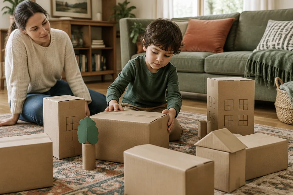 A preschool child arranging large plain cardboard boxes into a pretend neighborhood on a living room rug, oversized shapes and blocks.