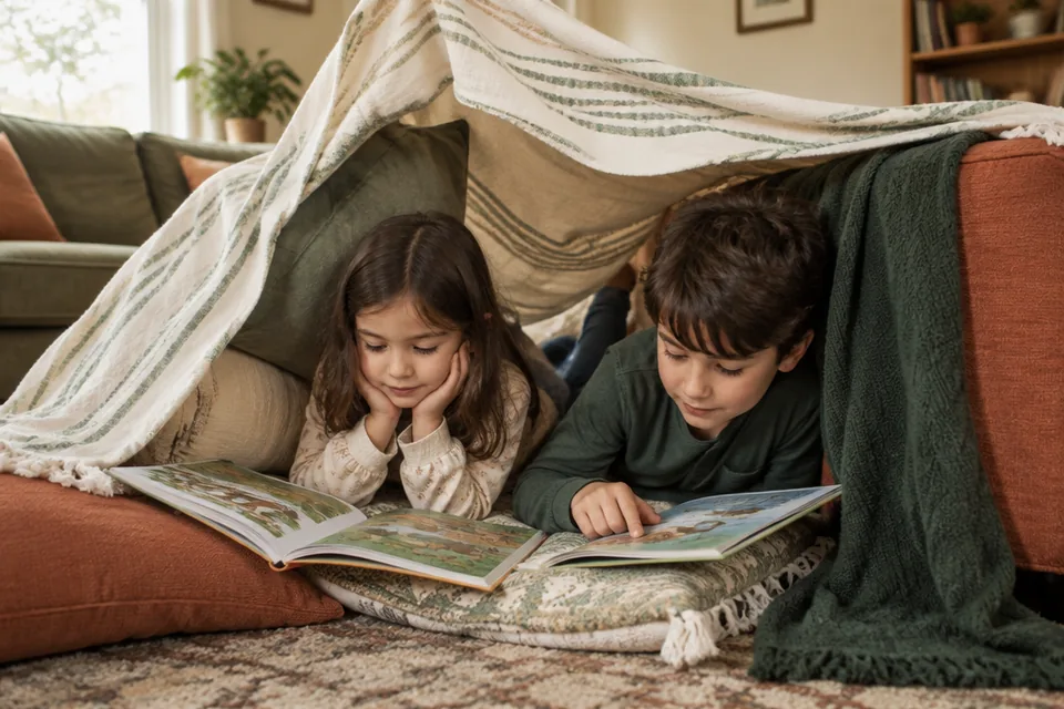 Two children aged five and eight reading illustrated books inside a cozy blanket fort in a modest family living room.
