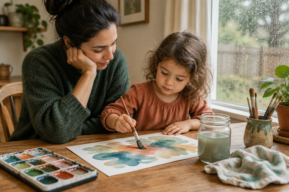 Child's watercolor painting station beside a rain-speckled window: broad brush, water jar, paper with abstract color washes, cloth and warm wood.