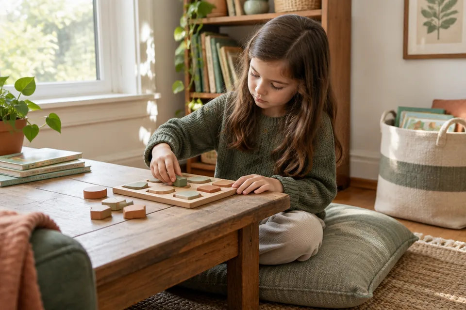 A school-age child sitting on a floor cushion in a quiet sunlit corner, fitting chunky wooden puzzle pieces on a low table, books and a linen basket nearby.
