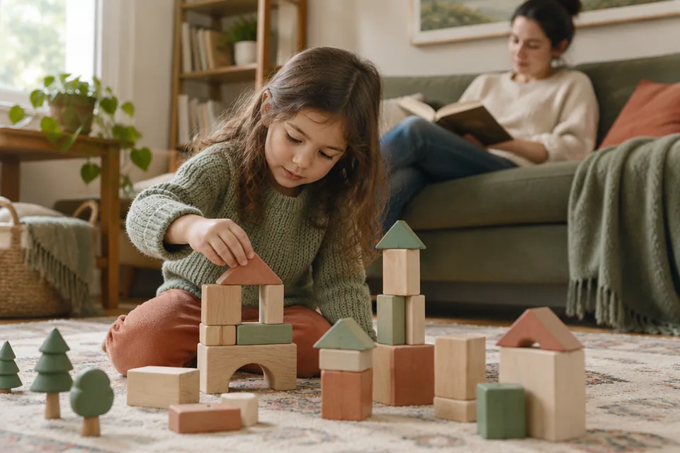 A preschool child independently building a small village with large wooden blocks on a rug while an adult reads a book softly out of focus in the background.