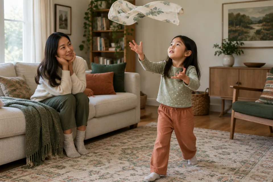 A school-age child tossing a light cotton scarf gently into the air on a clear living room rug while a parent watches.