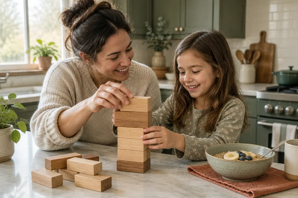 Parent and a school-age child laughing quietly as they stack large smooth wooden blocks at a kitchen counter while a simple breakfast bowl sits nearby.