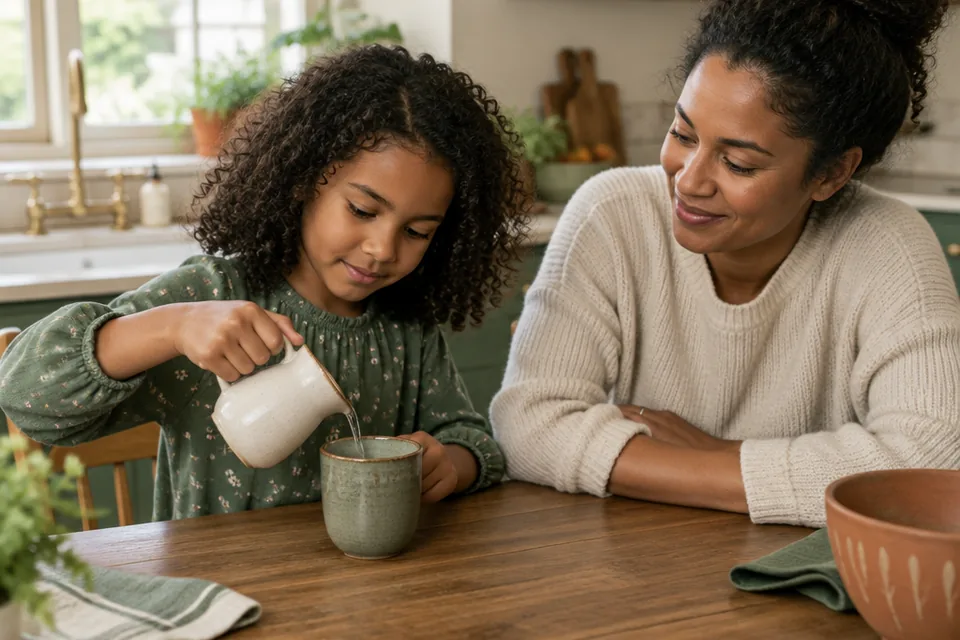 A school-age child pouring a little water from a small lightweight pitcher into a sturdy cup at a kitchen table, parent nearby.
