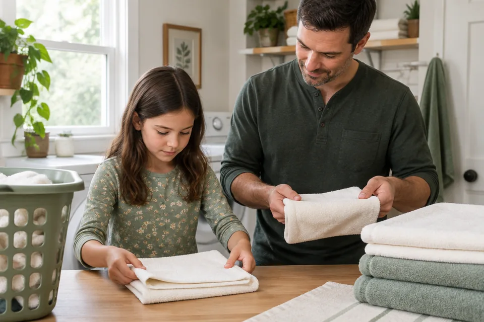A school-age child carefully folding clean cotton towels beside their father in a small bright laundry area, useful ordinary family task, uncomplicated safe materials.