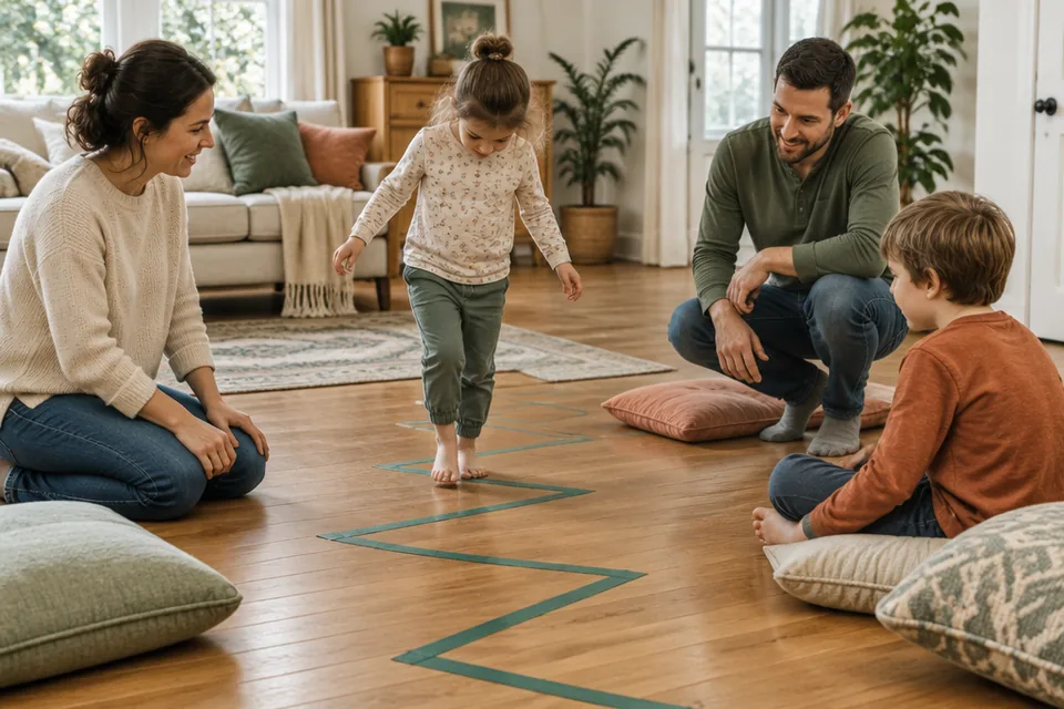 Tidy low-impact movement setup: broad painter-tape zigzag on a clear living room floor with sturdy floor cushions nearby.