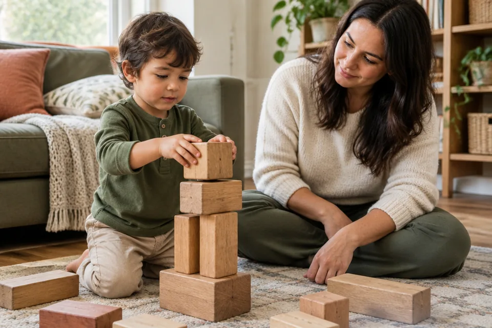 A preschool child arranging oversized wooden blocks into a simple tower on a soft rug beside a attentive seated parent, big blocks and no small parts.