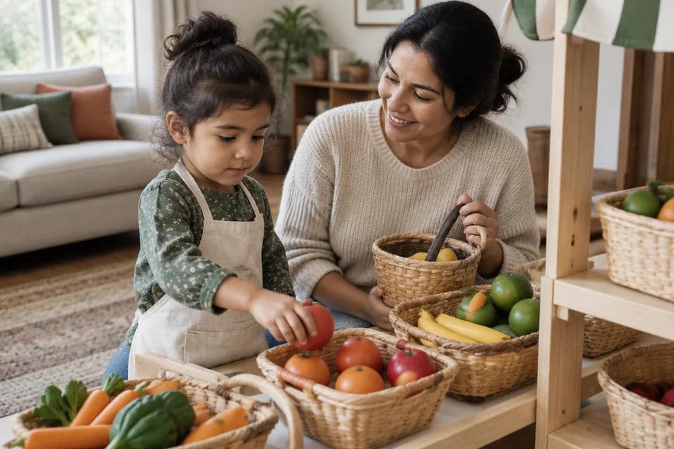 A preschool child and parent playing pretend grocery store with large toy wooden fruit in plain baskets.