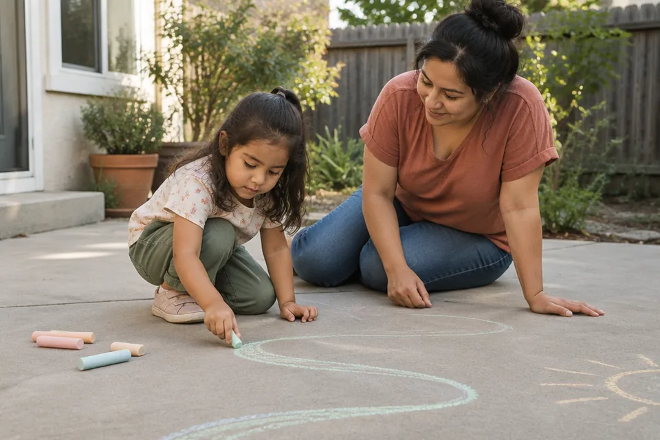 A preschool child following a broad chalk path on a flat empty backyard patio, parent beside them.