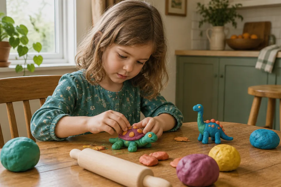 A preschool child creating imaginative animals from generous balls of colorful play dough at a kitchen table with a plain wooden rolling pin, absorbed in the tactile work.