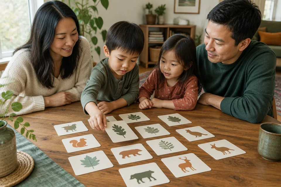 Handmade picture-matching game with oversized cards showing simple leaf and animal silhouettes, laid out on a wood table.