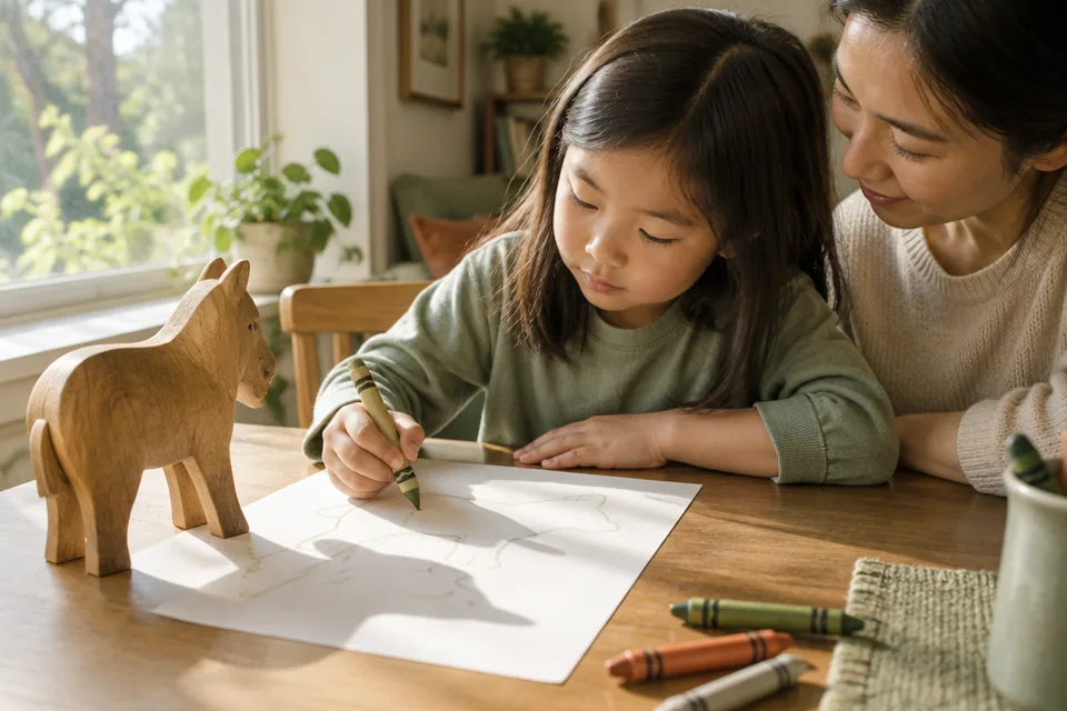A school-age child tracing the shadow of a large wooden animal toy on paper beside a sunny window, thick crayon in realistic hand.