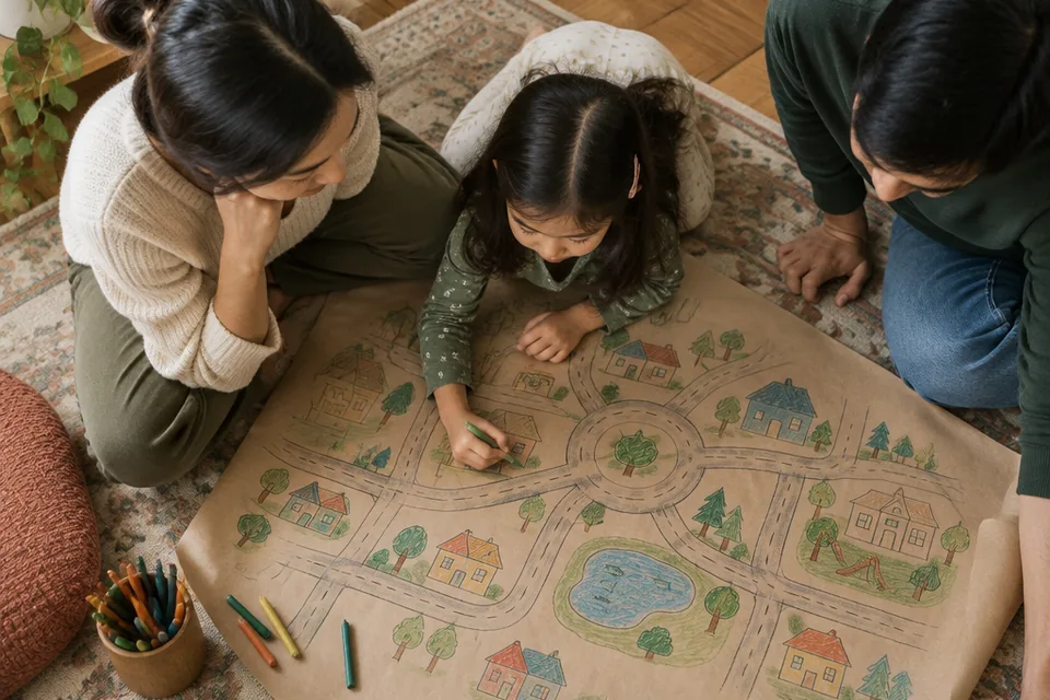 Overhead view of a school-age child drawing an imagined neighborhood with roads and houses on wide kraft paper; no words or labels.