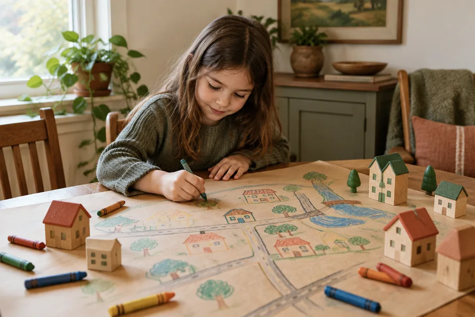 A school-age child drawing a simple imagined town on wide kraft paper spread across a dining table, thick crayons and toy wooden houses, proud concentration.