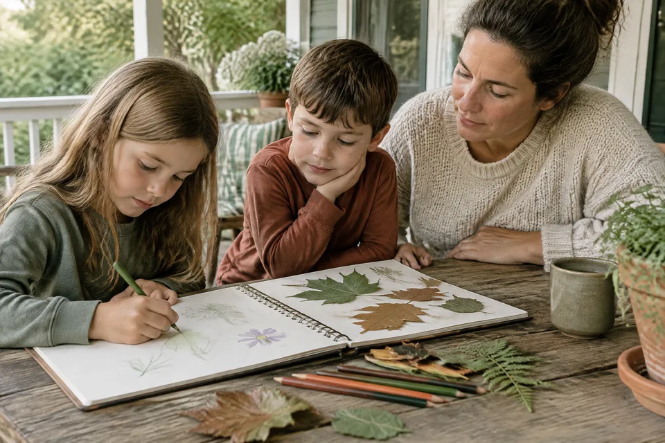 Nature journal with pictures only, pressed large leaves and thick colored pencils on a porch table, a school-age child's drawing hand visible.