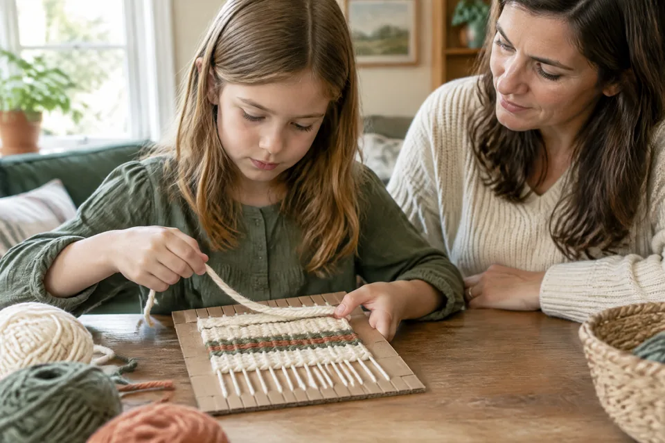 A school-age child weaving thick cotton yarn across a large slotted cardboard square, a supervised approachable craft with no needles.