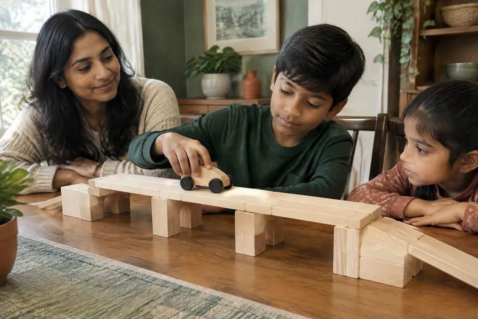 A school-age child testing a wide wooden-block bridge using one large plain toy car at a dining table.