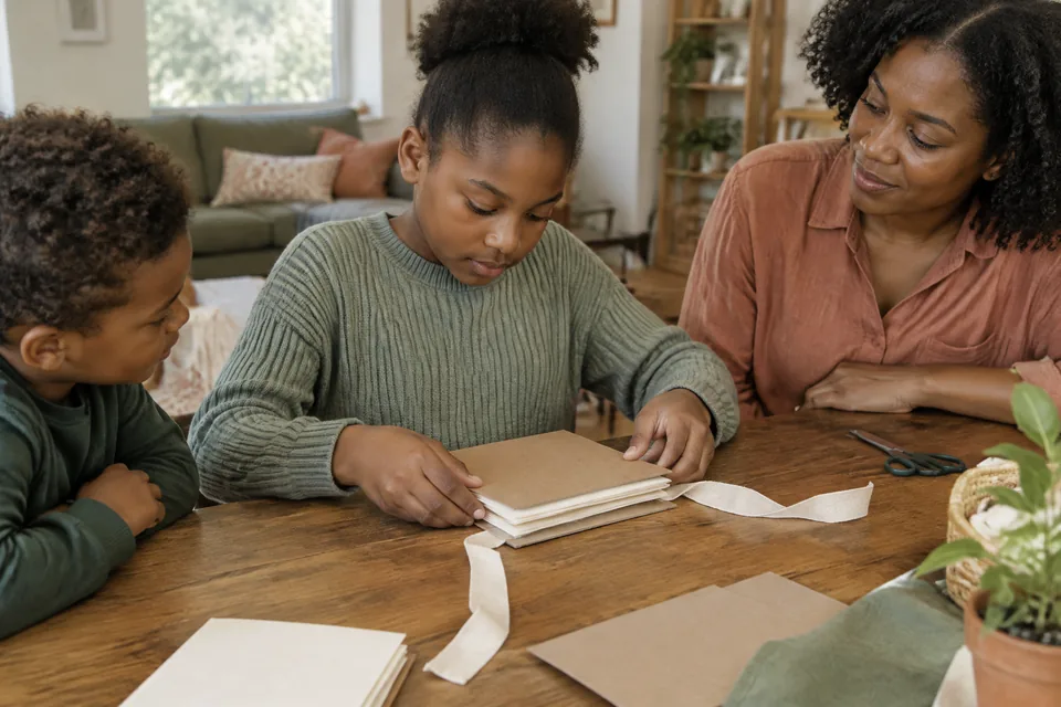 A school-age child carefully arranging folded pages and a cardboard cover for a handmade booklet with a broad cotton ribbon binding.