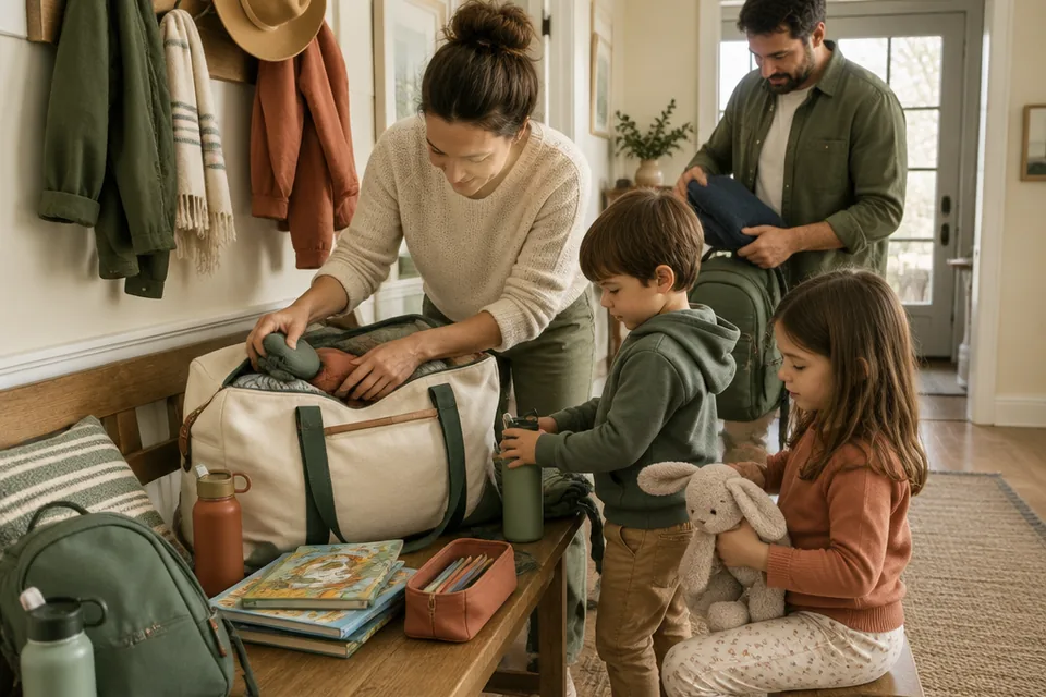 Organized family road-trip packing scene on a hallway bench: canvas weekender, cotton layers, water bottles, soft toy, books and art pouch, packed for two children and adults.