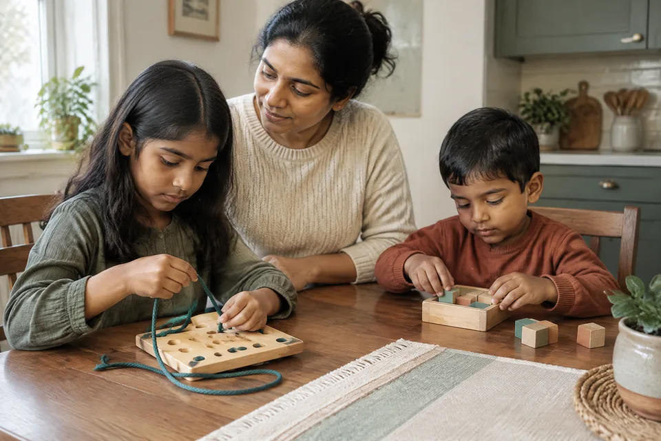 School-age child selecting a plain wooden lacing board with thick cord and an unbranded compact block puzzle at a kitchen table.