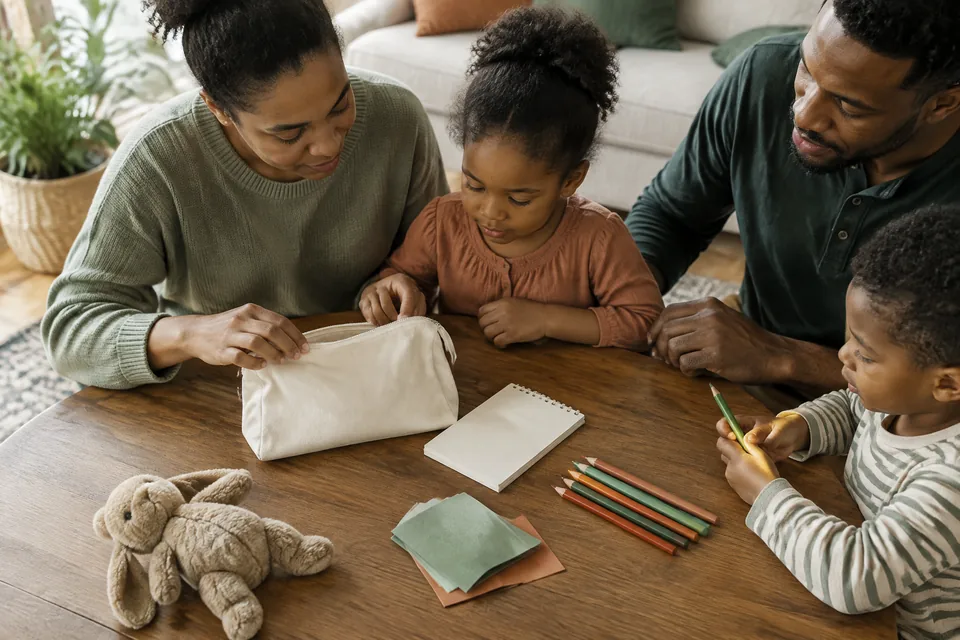 An empty plain canvas zip pouch beside a small blank pad, thick colored pencils, folded paper and soft animal, ready to pack.