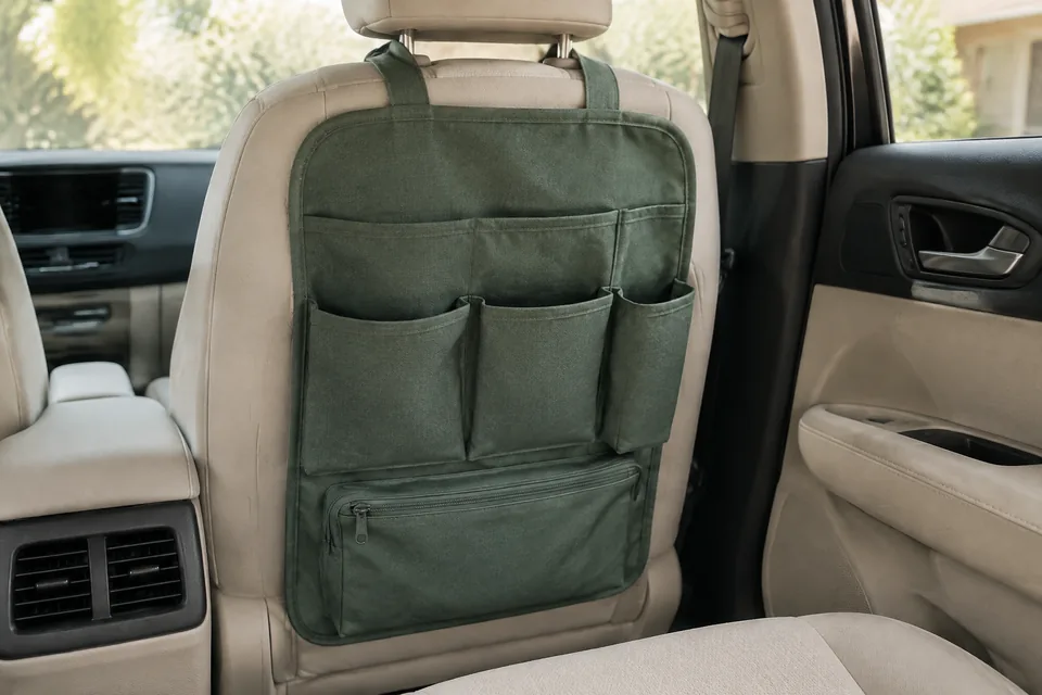 Plain fabric back-of-seat organizer viewed in an EMPTY parked car, practical reachable storage.