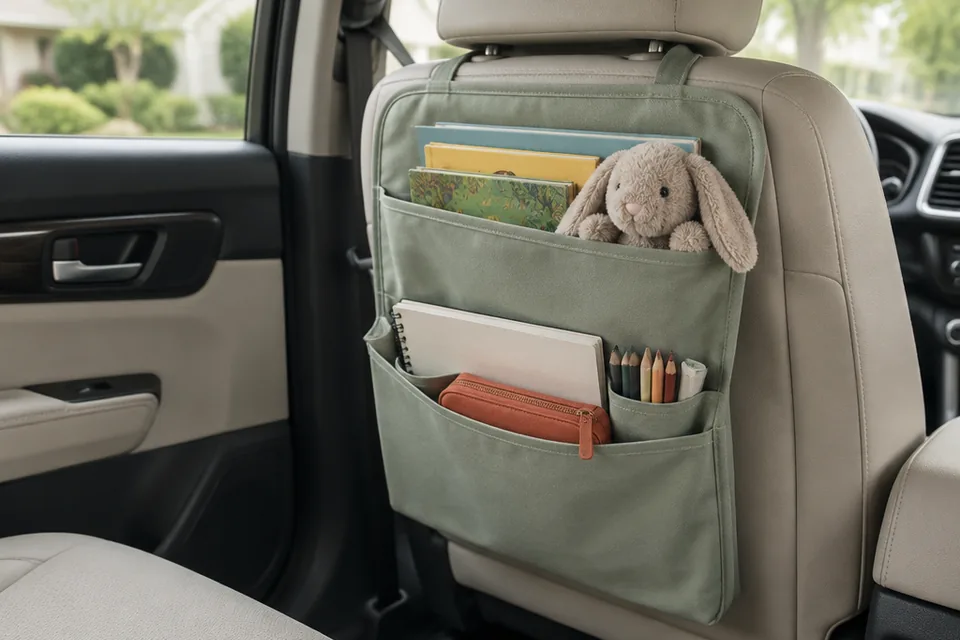 Plain sage fabric storage organizer filled with books, a soft toy, drawing pad and pencil pouch, photographed on the back of a front seat in a fully EMPTY PARKED car.