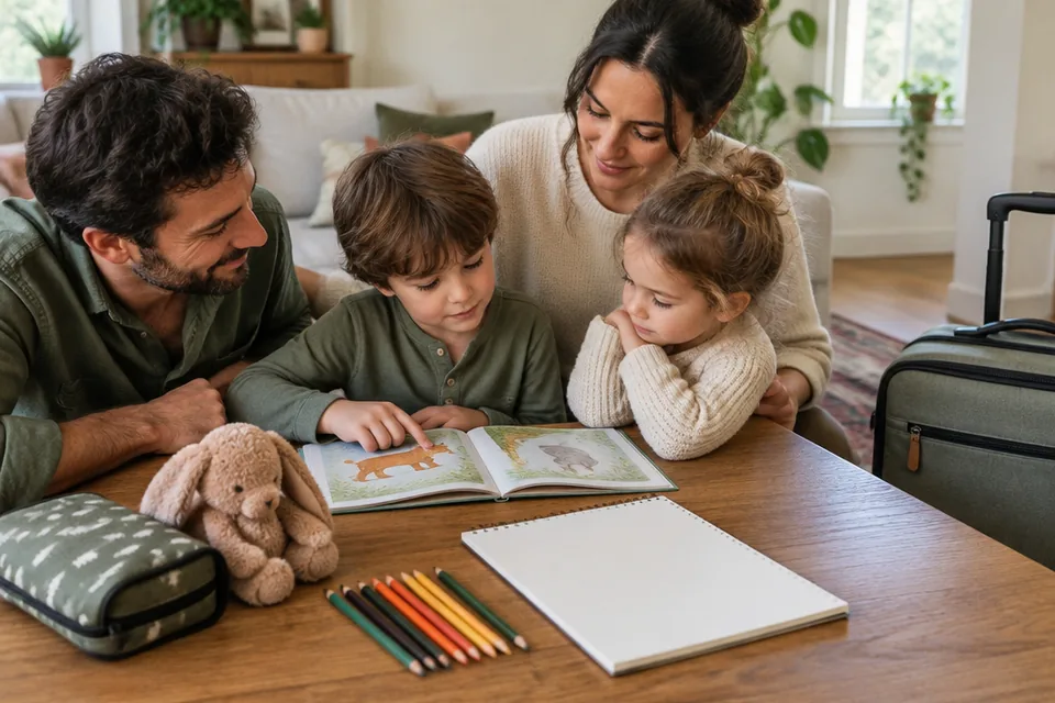 Carefully arranged compact airplane activity kit on a wooden table beside a small carry-on suitcase: blank sketchpad, thick colored pencils, illustrated paperback with no words and a soft animal.
