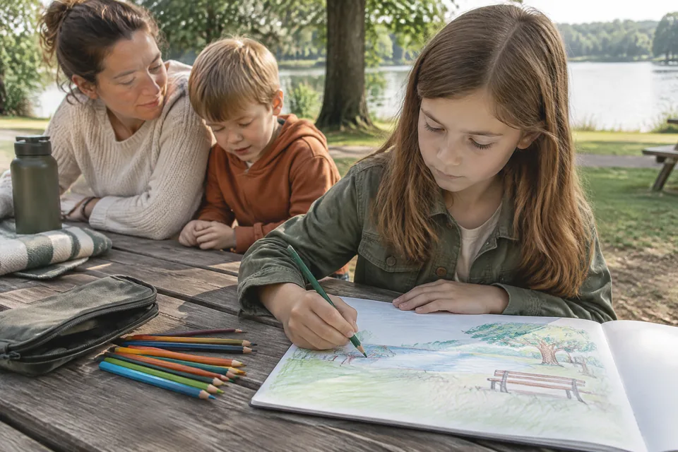 A school-age child doing a simple color sketch of a park from a picnic bench, open notebook and large colored pencils.
