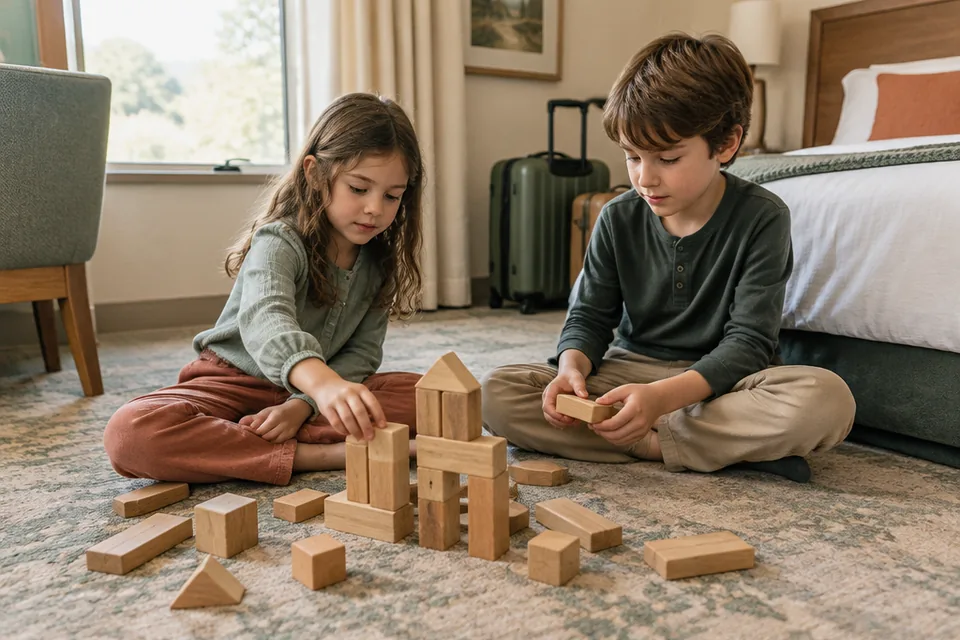 Two children aged six and eight playing a quiet floor game with large wooden blocks on a clean ordinary hotel room rug, suitcases tucked neatly nearby.