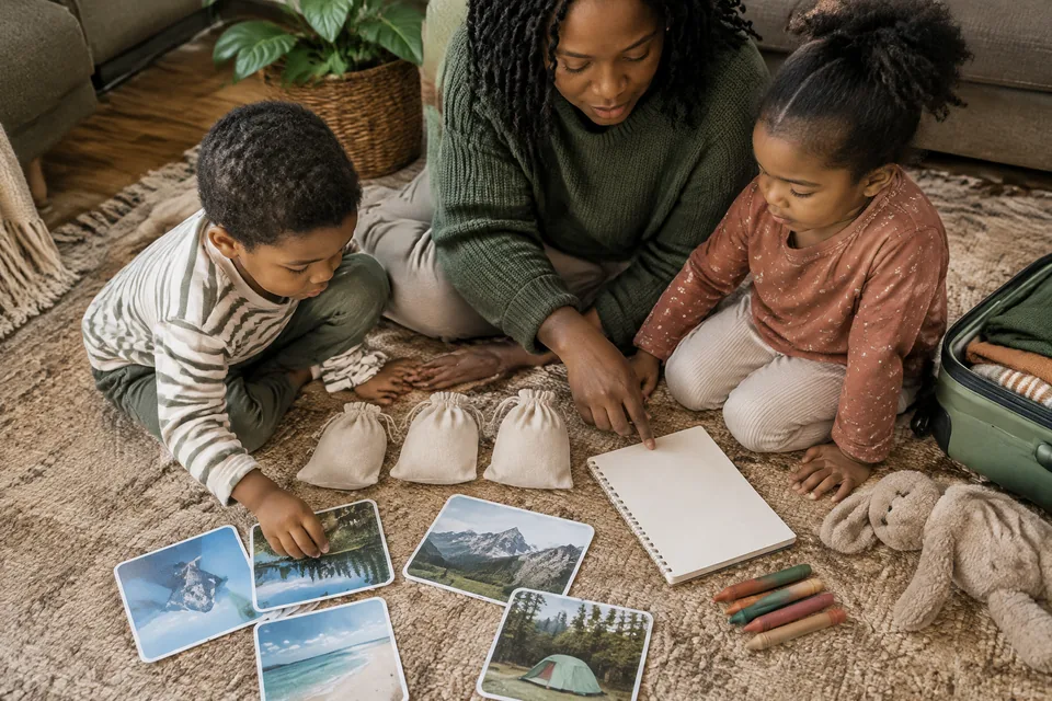 Three empty cotton pouches beside a blank notebook, thick crayons, large picture cards and a soft toy, simple travel-kit planning.