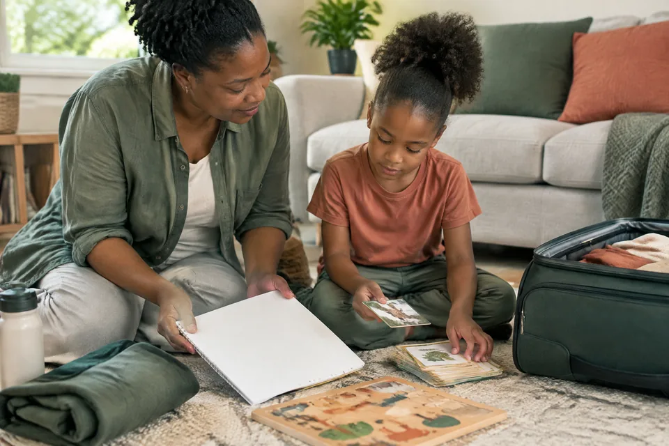 Parent and school-age child choosing between a blank drawing pad, picture cards and a wooden puzzle at home before a trip, considered packing.