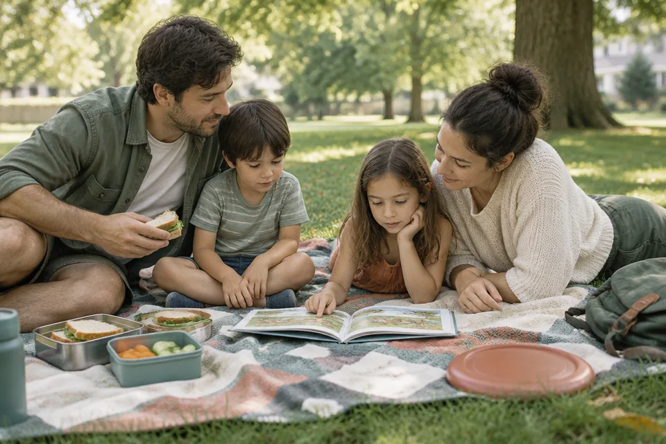 Family of four enjoying a slow screen-free Saturday picnic in an ordinary neighborhood park, simple sandwiches in reusable containers, a picture book and a frisbee on a blanket, leafy afternoon.