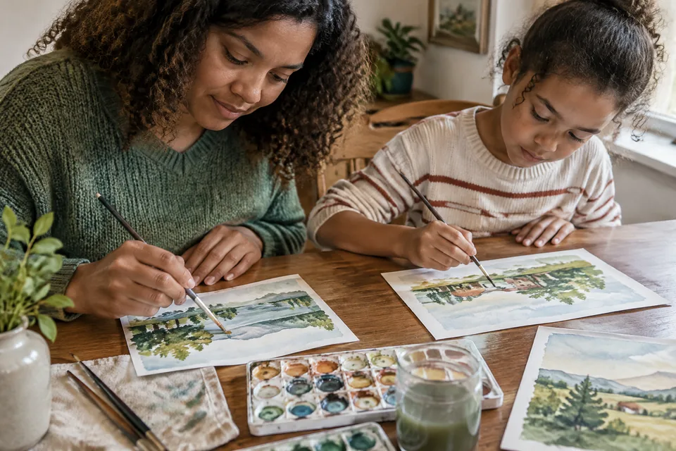 Adult and school-age hands painting with watercolors side by side, separate small landscape studies on an oak dining table.