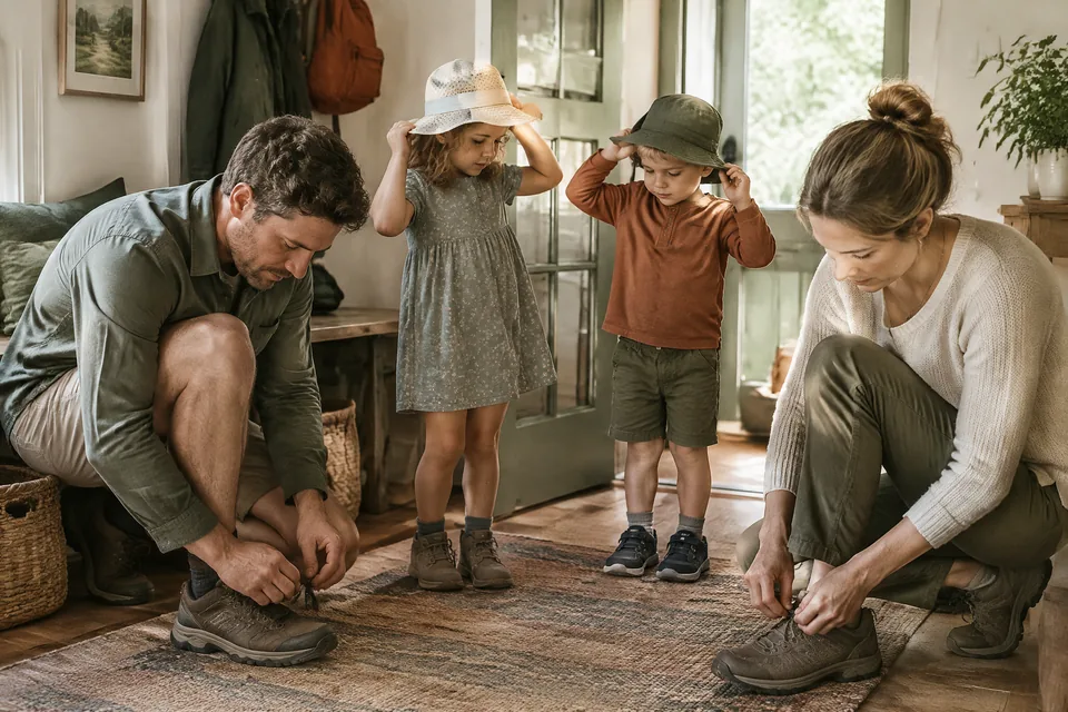 Family preparing a Sunday walk at an entryway: parents fastening their own shoes while children put on sun hats.