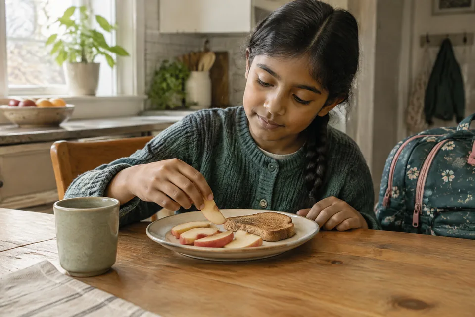 A school-age child having a quiet after-school snack of apple slices and toast at a kitchen table, school bag nearby.