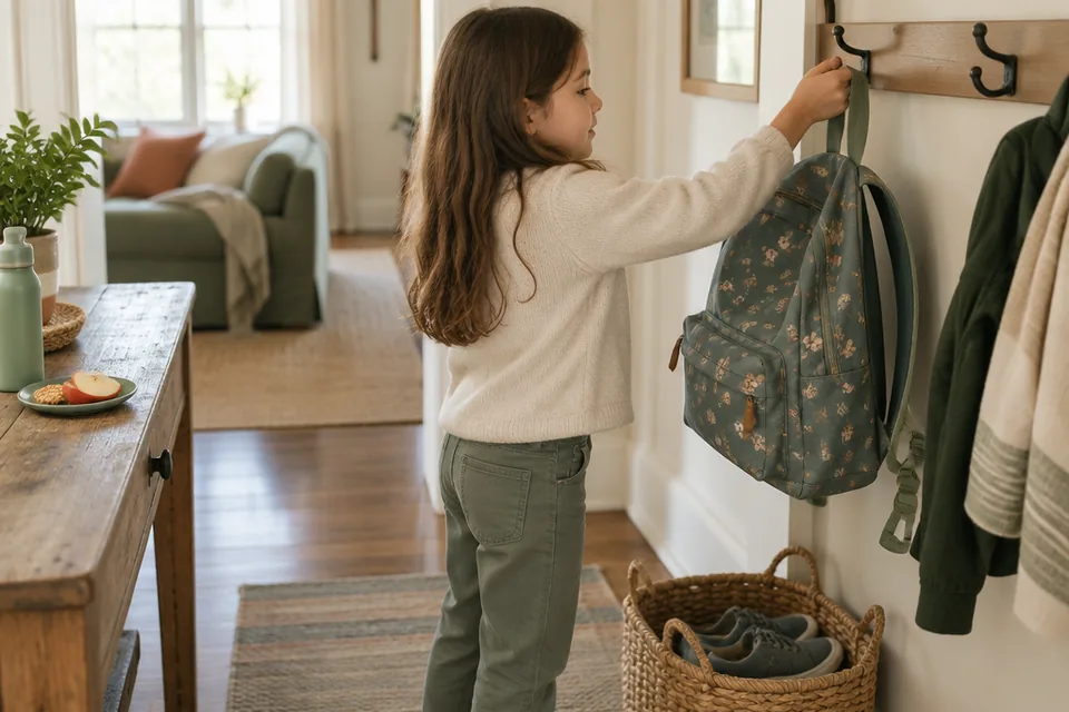A school-age child hanging a school backpack on a low hallway hook after returning home, comfortable shoes in a basket and a small snack on a nearby table, calm home transition.
