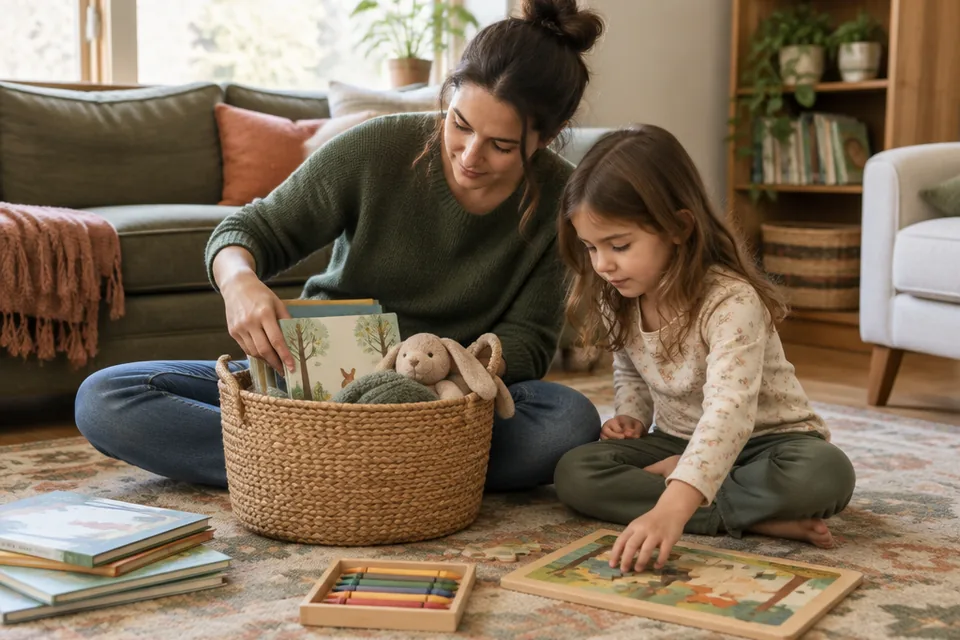 Parent and a school-age child arranging a cozy quiet-time basket on the living room rug with picture books, large wooden puzzle, soft toy and thick drawing crayons, window light.