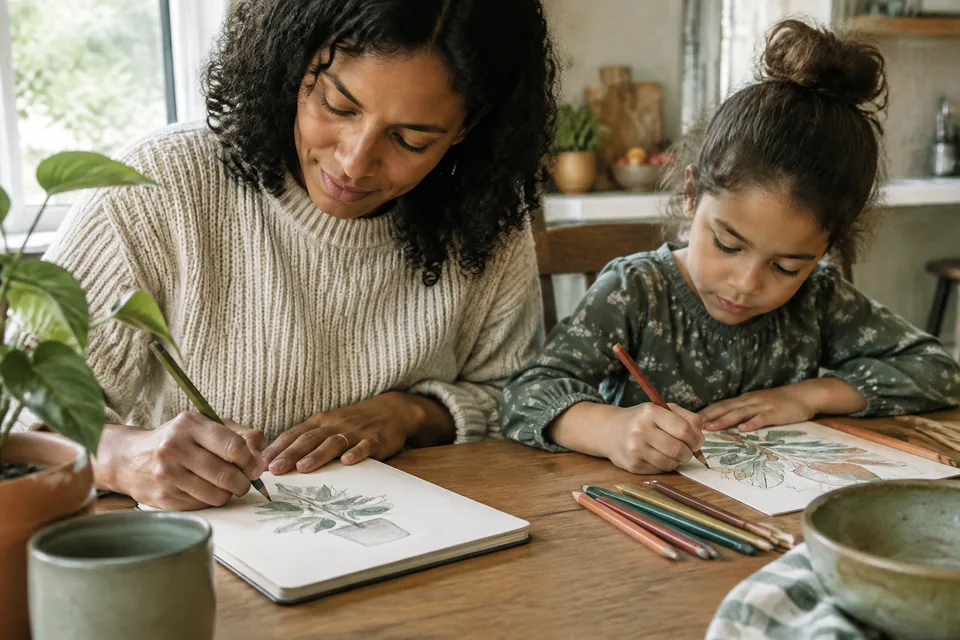 An adult's hands sketching a houseplant in a plain notebook while a school-age child colors on the same kitchen table.