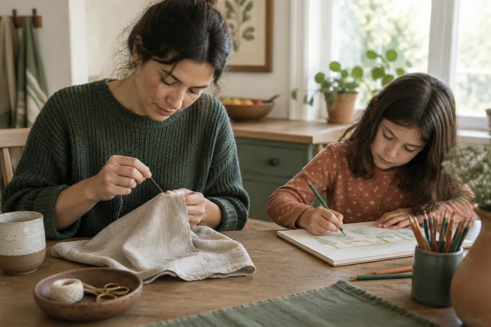 Parent hand stitching a simple linen repair at a kitchen table while a school-age child draws nearby, an everyday analog hobby fitted into family life.