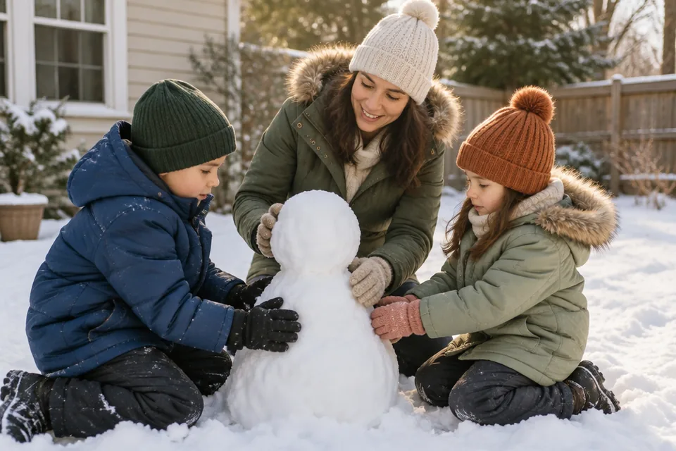 Two school-age children and parent building a small snow figure in a safe level suburban backyard, cozy practical winter coats and mittens, delicate winter sunshine.