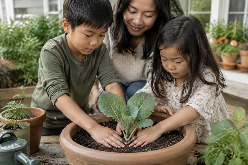 School-age hands pressing a large leafy seedling into a generous pot of soil with an adult nearby.