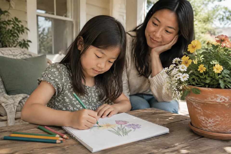 A school-age child drawing spring flowers in a plain notebook on a sunny porch, a large potted flower and thick pencils nearby.