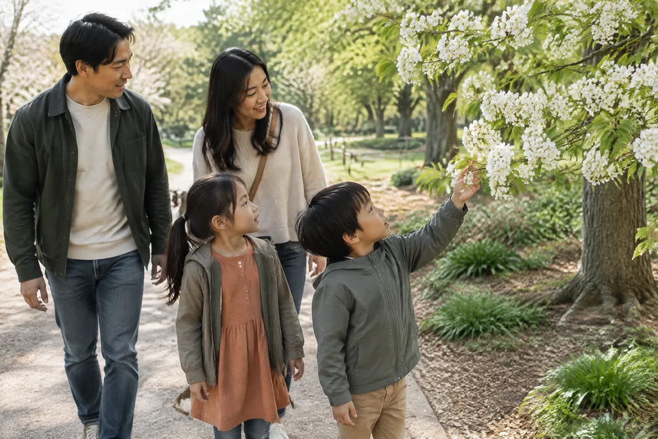 Family taking a slow walk in an ordinary neighborhood park with fresh spring leaves, children observing a flowering tree from the path.