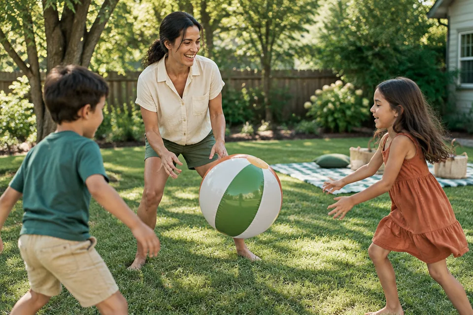 Parent and two school-age children playing with a beach ball on ordinary backyard grass in summer sunshine, shaded picnic blanket nearby, joyous candid movement and realistic proportions.